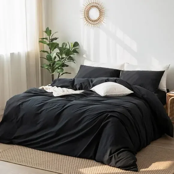 MooMee Bedding Duvet Cover Set 100% Washed Cotton Twill Linen Like Black Queen - Picture 5 of 7